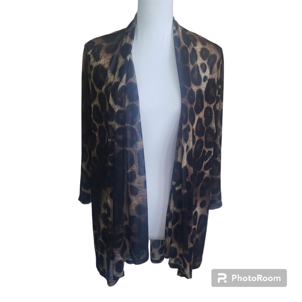 Emma & Olive 1X Plus Size Leopard Print Open Front Sheer Duster Cardigan